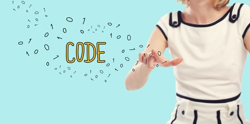 Code concept with young woman on a blue background
