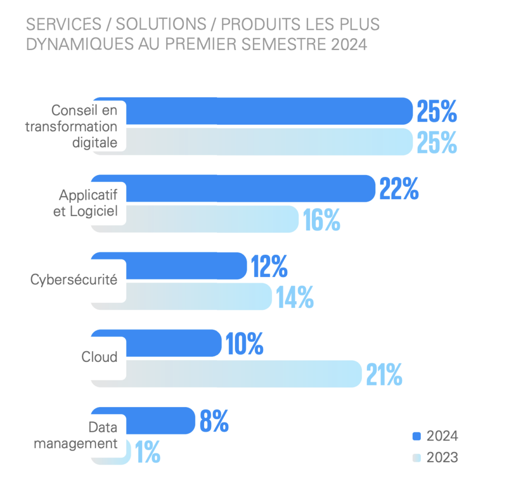 Graphique qui présente les services, solutions et produits les plus dynamiques au premier semestre 2024