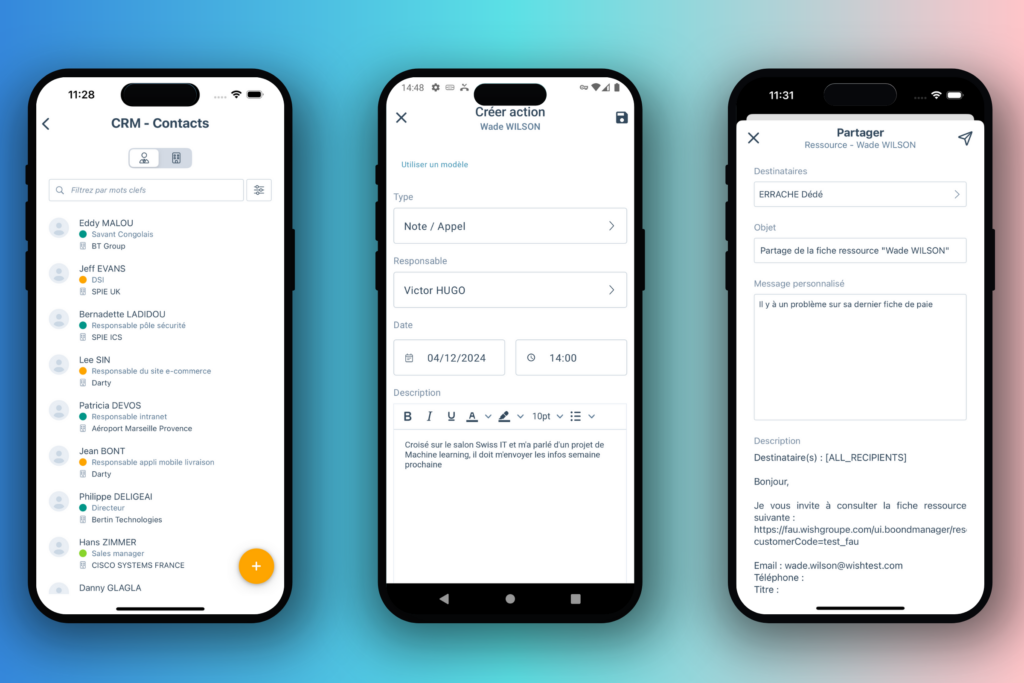 Application BoondManager pour consulter sa base CRM, candidats et ressources, saisir ses actions et partager ses fiches. 